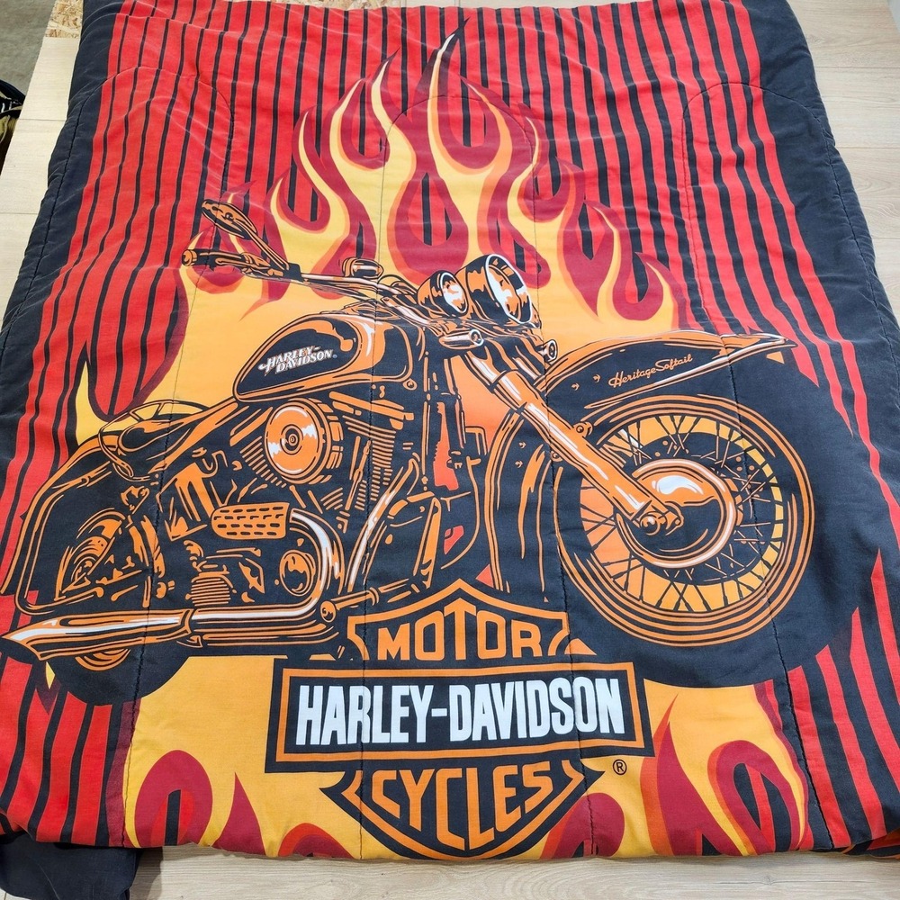 Harley-Davidson Queen Comforter 86x82 Flames Motorcycle Quilted Reversible